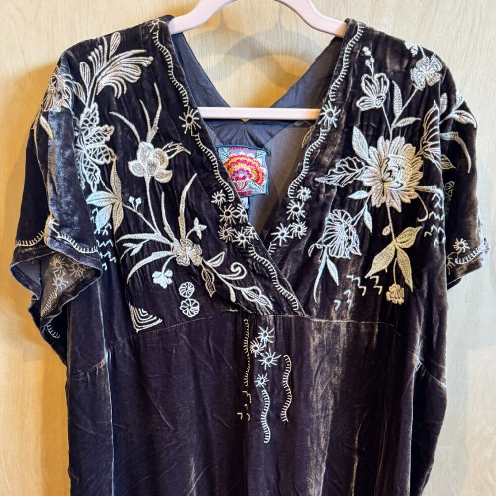 Johnny Was Velvet Tunic Dress - Dark Brown embroidered - XS